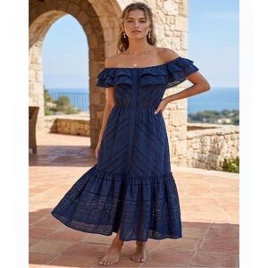 NWOT -Boston Proper eyelet lace midi dress Size Small. Deep Blue.